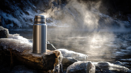 A thermos sends up steam next to a chilly fishing hole, showcasing a warm contrast against the icy surroundings and tranquil water.の素材