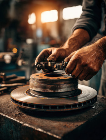 Mechanic examines a brake disc in detail, focusing on maintenance and safety in a busy workshop during evening hours.の素材