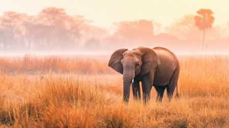 An elephant roams through tall golden grass under a beautiful sunset, surrounded by a calm and peaceful environment.の素材