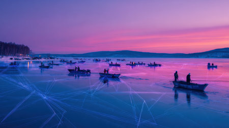 Fishermen engage in a tranquil activity on a frozen lake, surrounded by a mesmerizing digital grid and a glowing geometric hole under a colorful sky.の素材