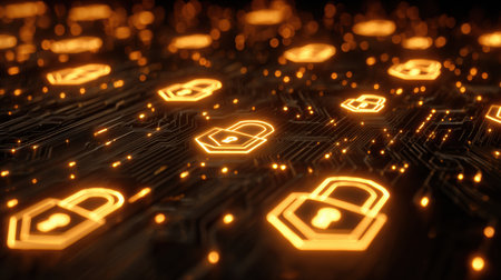 Glowing lock icons are scattered across a futuristic circuit board, symbolizing advanced cyber defense technology and data protection strategies.の素材