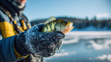 A fisherman in gloves proudly displays a freshly caught fish against a frozen lake, showcasing winter fishing success and patience.の素材