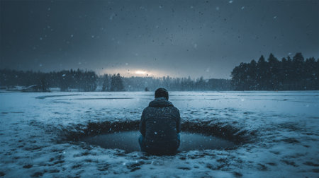 Individual sits peacefully near an ice hole, surrounded by falling snow, connecting with the quiet beauty of nature at dusk.の素材