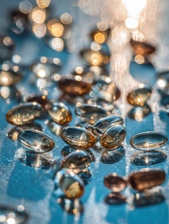 A collection of vitamin capsules glitters in the sunlight, laid across a glass surface, showing their shapes and colors.の素材