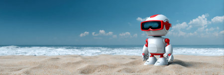 A robot lifeguard wearing visor glasses keeps an eye on beachgoers against a backdrop of sand and ocean waves under a sunny sky.の素材