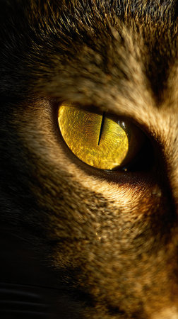 Close-up of a tabby cats eyes glowing in soft, warm light, evoking a sense of wonder and curiosity in this emotional moment.の素材