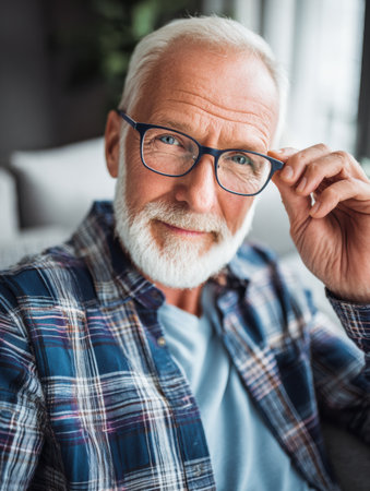 An elderly man in a comfortable chair is adjusting his reading glasses while enjoying a peaceful moment in a warm home setting.の素材