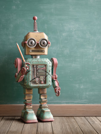 A friendly teacher robot stands in front of a chalkboard, wearing glasses and holding chalk as it prepares to teach students in a lively classroom.の素材