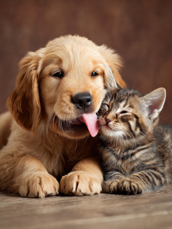 Puppy gently licks the kittens nose, creating a sweet bond in a warm, inviting space filled with love.の素材