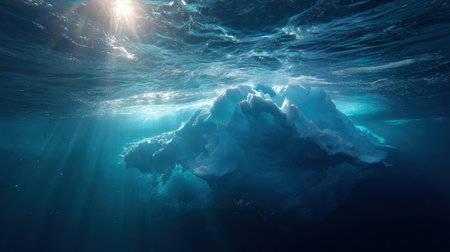 Sunlight rays penetrate the deep blue water, illuminating an impressive underwater iceberg that captivates the scene below the surface.の素材