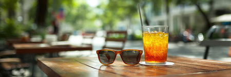 Sunglasses rest beside a chilled iced drink on a wooden table at a lively cafe, inviting relaxation on a sunny day.の素材