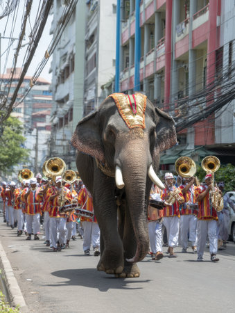 A grand procession takes place with a majestic elephant leading musicians and dancers through the bustling city streets, celebrating culture.の素材