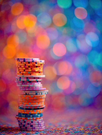 Colorful poker chips are stacked on a gaming table surrounded by an eye-catching blur of vibrant colors, creating a lively gambling atmosphere.の素材