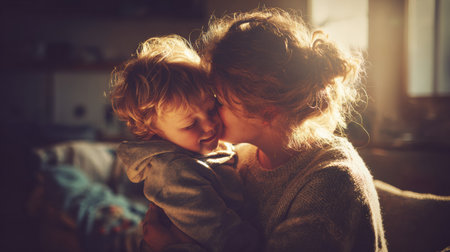 In a bright living room, a mother affectionately hugs her child, showing the warmth and love of their bond.の素材
