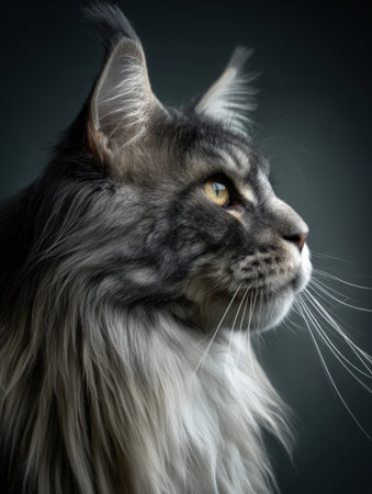 A Maine Coon cat with long, flowing fur is captured in soft natural light, exuding a regal presence and a captivating expression.の素材