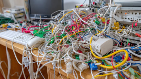 A chaotic scene shows tangled computer wires covering a desk, illustrating technology-related frustration and clutter in a work environment.の素材