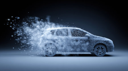 A car silhouette dissolves into snow particles, creating a unique visual effect of transformation in a winter-like setting.の素材