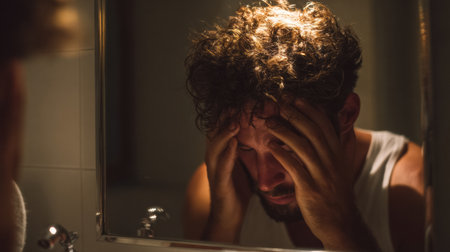 A man stands in front of a dimly lit mirror at night, pressing his hands to his forehead as he struggles with guilt and self-denial.の素材