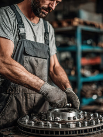Skilled mechanic tightens wheel bolts with precision in a clean workshop filled with tools, demonstrating expertise and focus.の素材