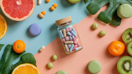 Vibrant arrangement of vitamins, supplements, and various fresh fruits on a soft pastel surface promoting wellness and nutrition.の素材