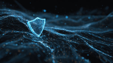 Bright blue shield symbolizes secure network connection while binary code flows through a digital landscape, enhancing data protection.の素材