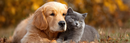 A golden retriever puppy and a gray kitten sit closely together, enjoying a peaceful moment under gentle daylight in a natural setting.の素材