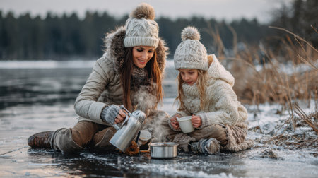 In a cold landscape, a mother pours steaming tea for her child near an ice hole, creating a warm family moment filled with joy.の素材