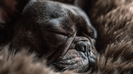 A French bulldog is peacefully sleeping, snuggled in soft fur, creating a warm and cozy atmosphere in a relaxed home environment.の素材
