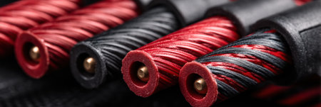 Close-up view of battery charger cable showing red and black lines, designed for easy integration in projects needing copy space.の素材