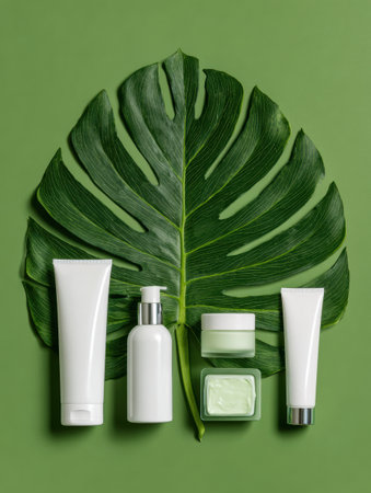 Skincare products are neatly placed on a vibrant green leaf, creating an organic and serene atmosphere perfect for beauty routines.の素材