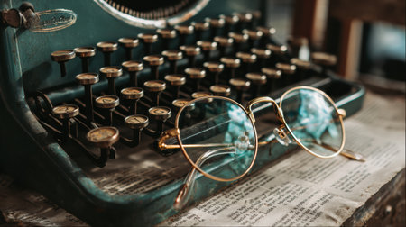 Glasses lie next to a vintage typewriter, capturing the essence of a writers lifestyle in a warm, inviting space with a nostalgic feel.の素材