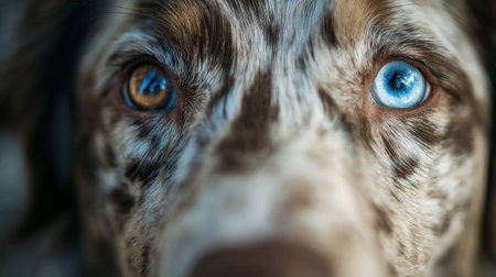 Close-up of an Australian shepherd features striking eyes, showing a beautiful blend of colors and sharp details.の素材