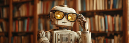 A robot librarian, wearing glasses, carefully reads a hologram while standing among shelves of books in a cozy library environment.の素材