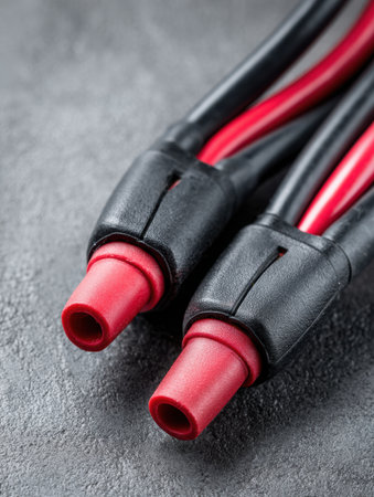 Close-up view of a battery charger cable featuring red and black lines, resting on a textured gray surface.の素材