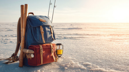 Folded fishing rod and auger sit beside a colorful backpack in a tranquil snow-covered setting, capturing the essence of winter adventure.の素材