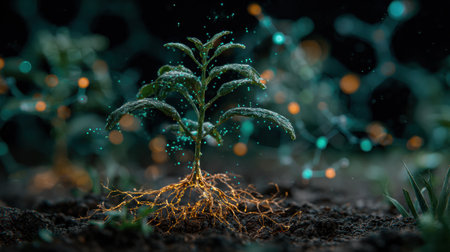 A young green plant displays an illuminated root system underground, surrounded by grass and a blurred background, illustrating synthetic biology.の素材