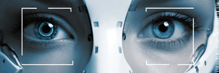 Robot optometrist scans a persons eyes in a modern clinic, showing advanced technology in a clean and futuristic environment.の素材