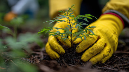 A man gloves wearing carefully plants a young seedling in the ground, contributing to nature care and reforestation in a forested area.の素材