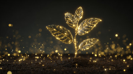 A glowing plant symbolizes economic growth, enveloped in golden light particles in a serene setting that inspires hope and prosperity.の素材
