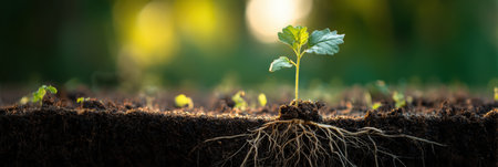 A young green plant emerges from rich soil, its roots visible, soaking up sunlightの素材