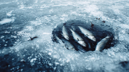 Fishes break the lake frozen surface as they swim through an ice hole, showing the beauty of winter fishing in cold blue tones.の素材