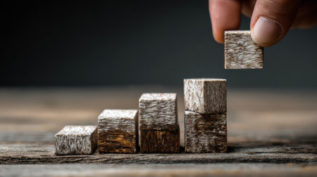 A hand moves a wooden block from five to six, representing the passage of time and the journey towards future success and growth.の素材
