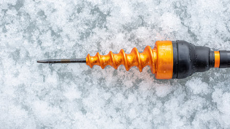 Close view shows an auger, scoop, and fishing rod resting on a frozen lake surface, highlighting the icy texture and winter fishing activity.の素材