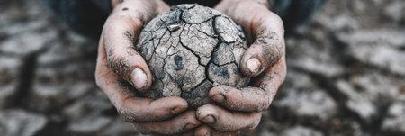 Hands hold a cracked Earth globe, representing the current environmental crisis and the challenges humanity faces today.の素材