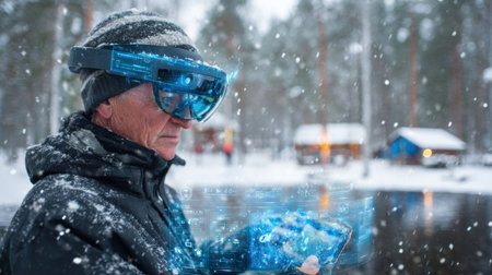 A man is ice fishing in a snowy landscape, wearing AR glasses that show a virtual lake with a hologram interface overlay.の素材