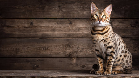 A Bengal kitten with striking spots sits calmly on a beautifully weathered wooden floor, radiating charm and elegance during a serene moment indoors.の素材