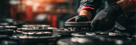 Mechanic focuses on tightening wheel bolts, showcasing skilled hands in a tidy and well-lit workshop setting.の素材