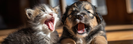 A sleepy kitten and a puppy both yawn together in warm morning sunlight, capturing a moment of cozy companionship.の素材
