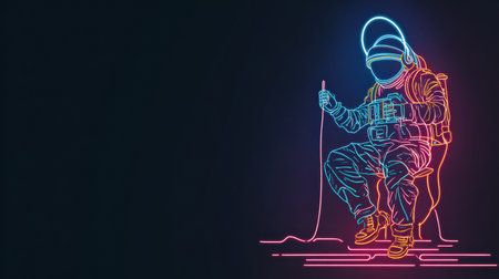 A cybernetic fisherman is skillfully catching glowing fish through a digital ice hole using a robotic arm under bright neon lights at night.の素材