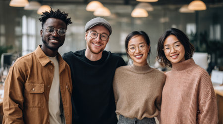 Four professionals of different ages and ethnicities gather joyfully in a warm, inviting office, creating a vibrant atmosphere.の素材